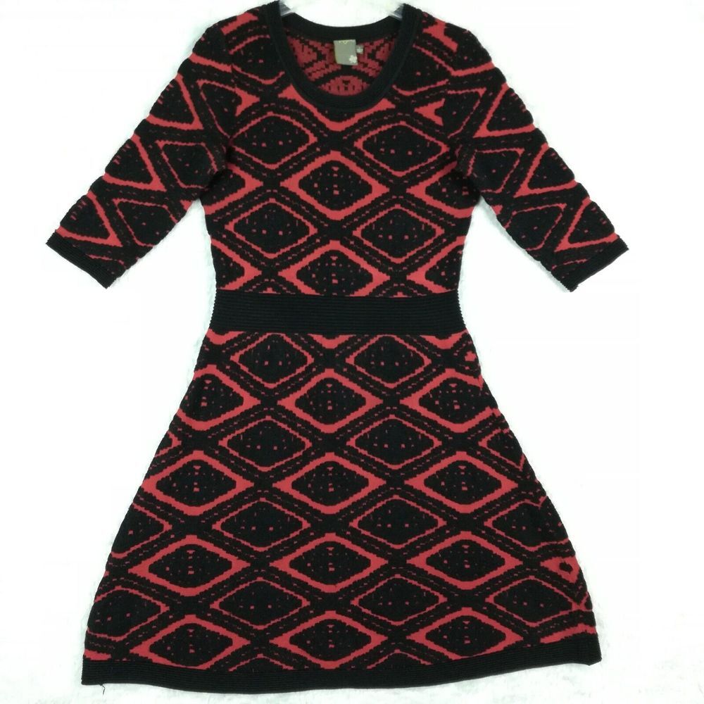 Taylor Womens Sweater Dress Fit &‎ Flare Knit Red Black Geometric Diamond L